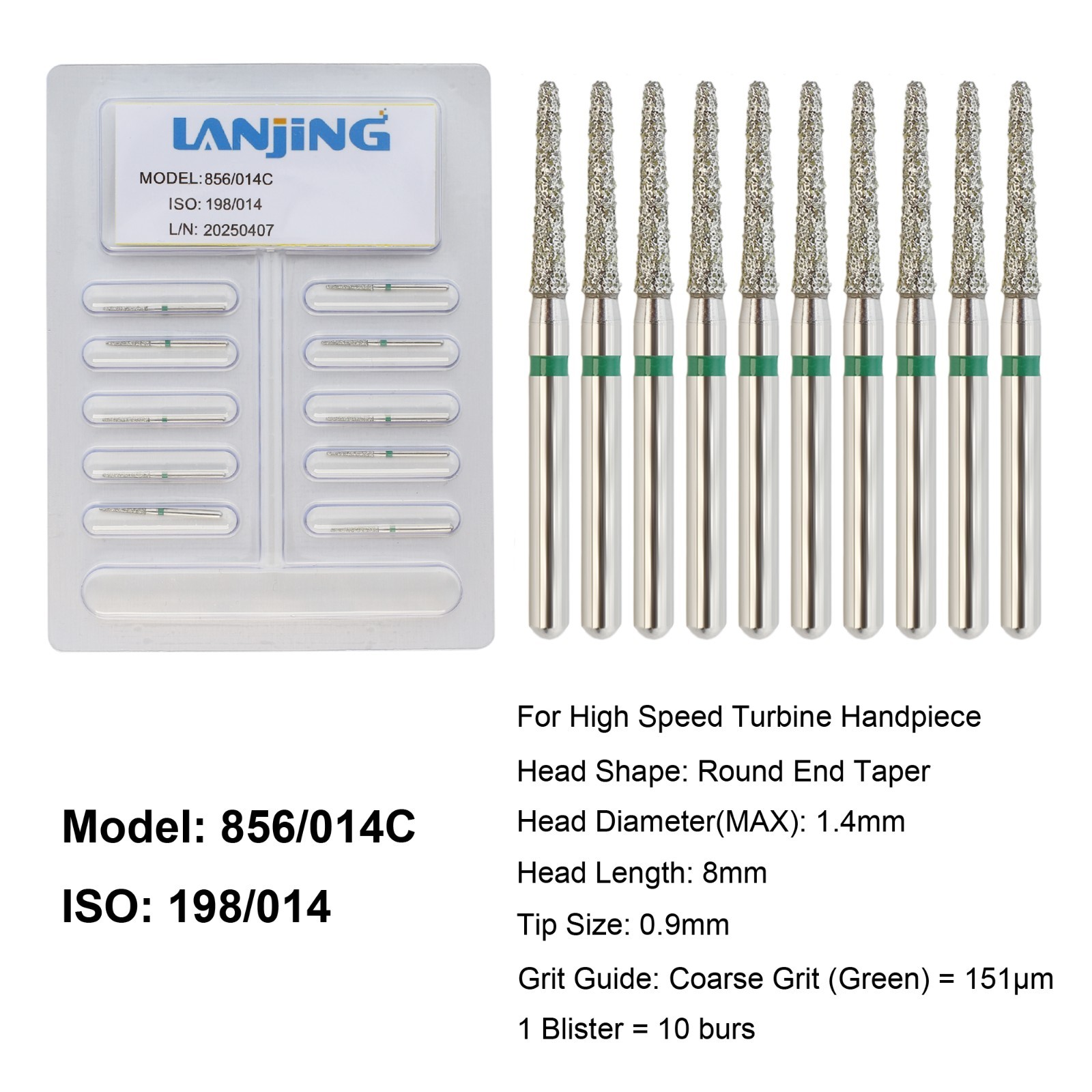 Dental Round End Taper Diamond Bur FG High Speed Burs Coarse Grit Green 856/014C
