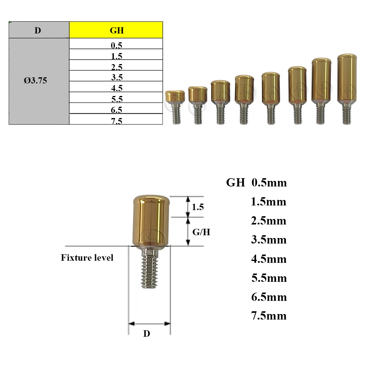 Locator abutment full set male caps fit to DENTIN D3.75 GH0.5-7.5mm