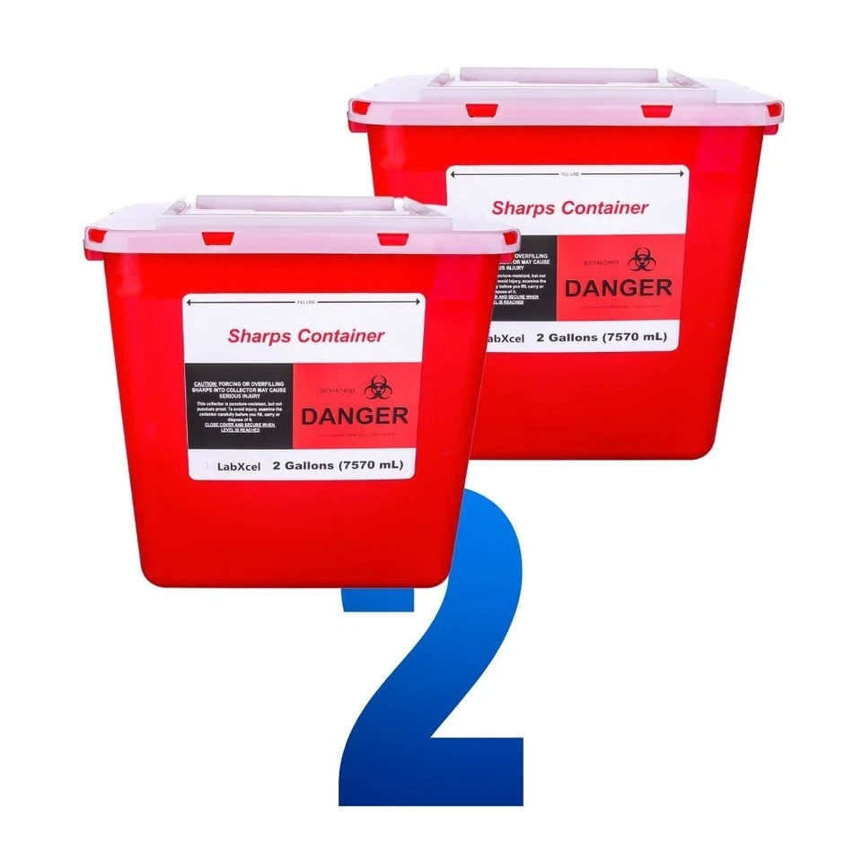 LabXcel 2 gal Polypropylene Sharps Container Disposal Needle Waste Bin 2pcs