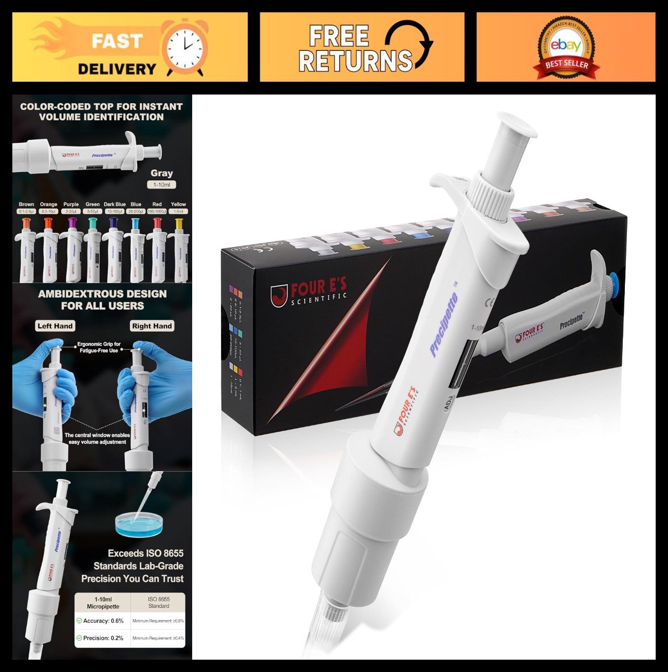 Adjustable Micropipette 1-10mL Single-Channel, Color-Coded Top, High Accuracy, I