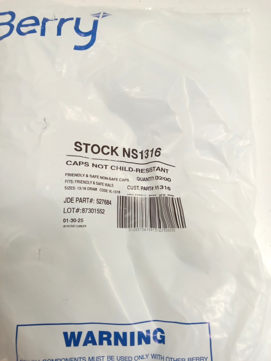 Berry Stock NS1316 Friendly & Safe Caps Not Child-Resistant 13 Dram White 200pk