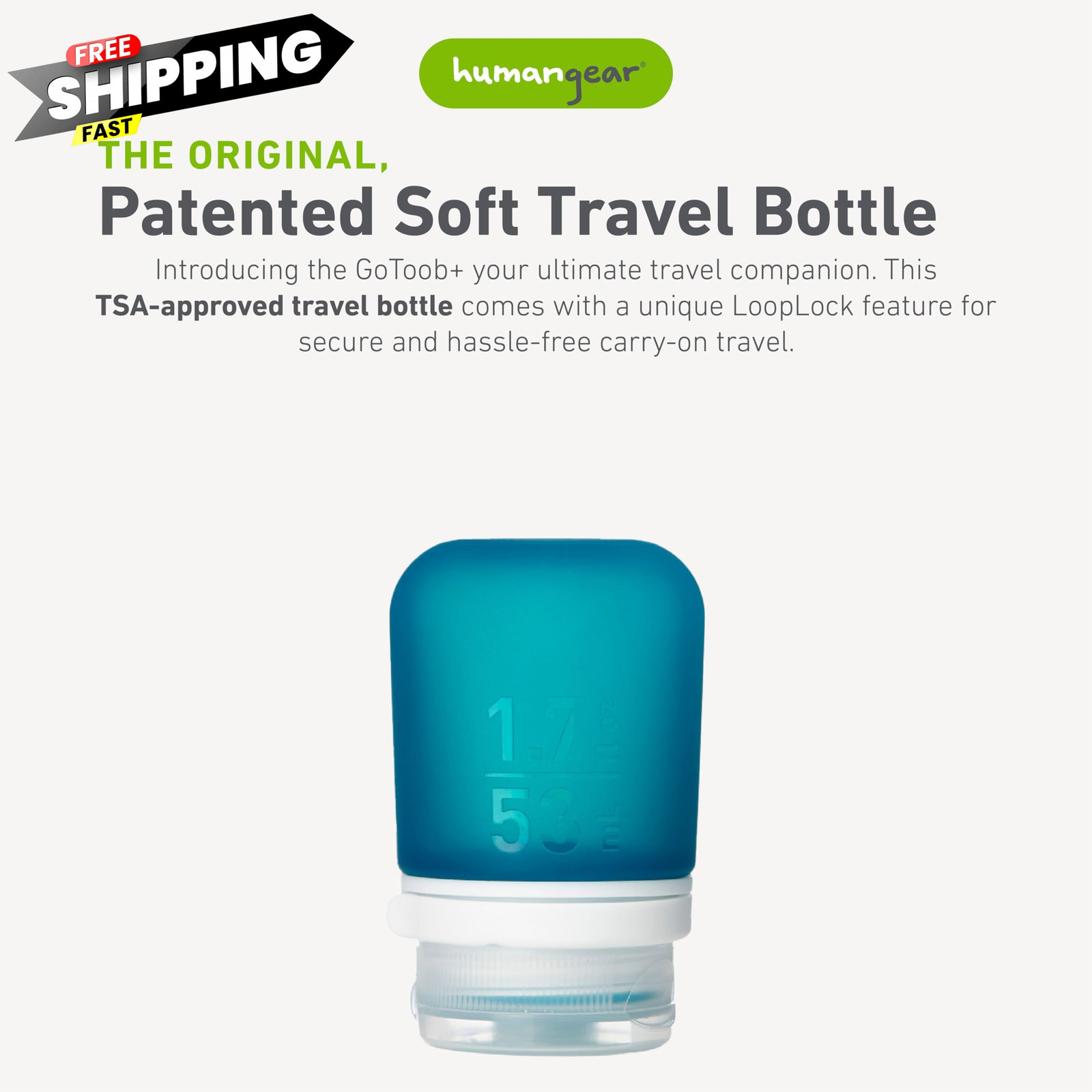humangear GoToob+ (Small) | Refillable Silicone Travel 1.7 Ounces, Teal