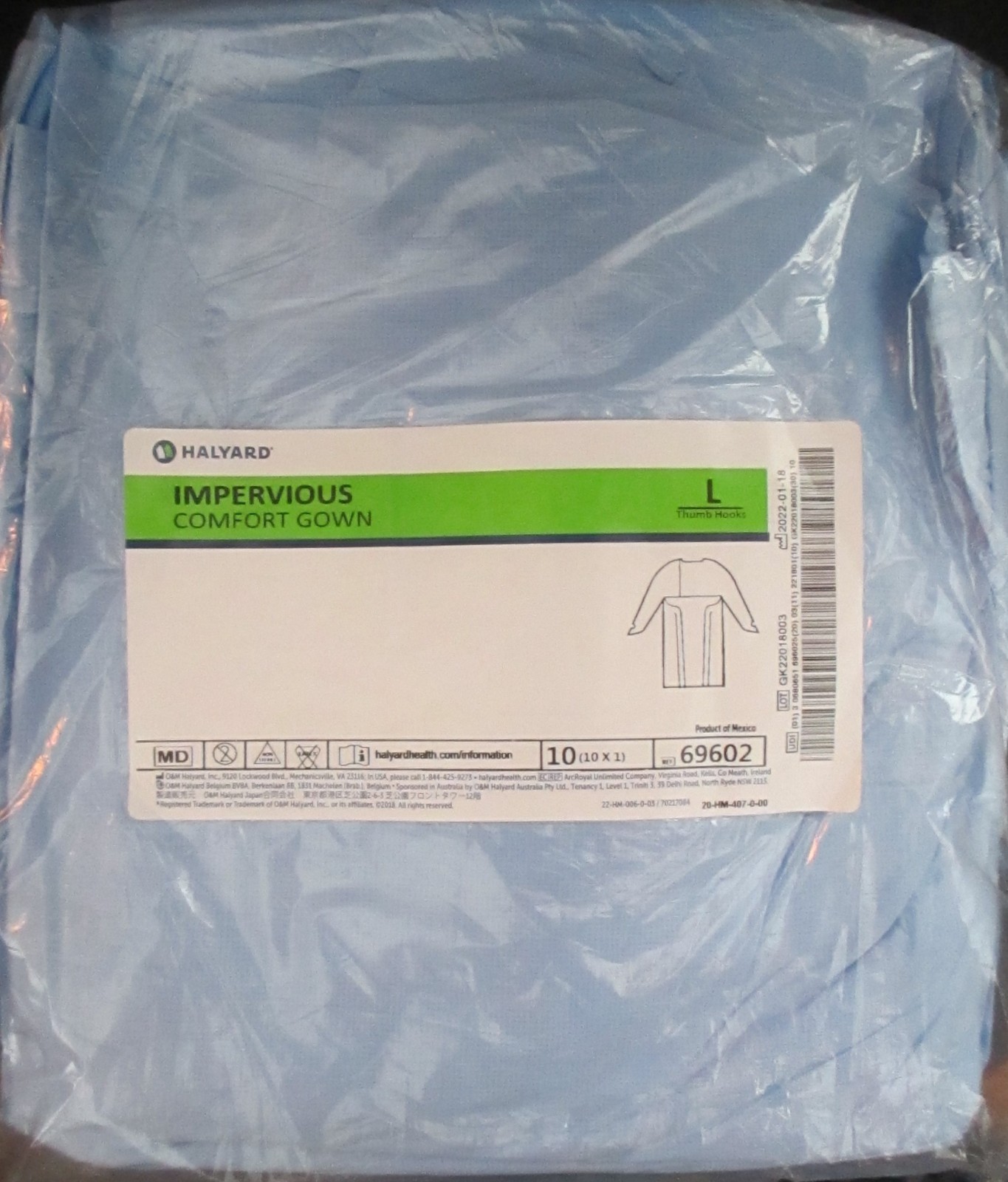 Halyard Impervious Comfort Gown 10/Pack L 69602 w/Thumbhooks Latex-Free