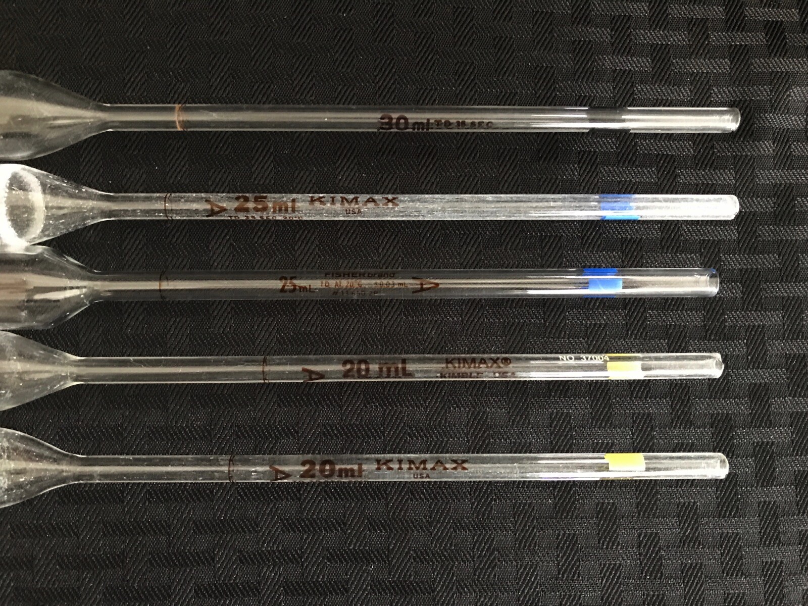 (Lot of 5) KIMAX FISHERBRAND 20mL 25mL 30mL Glass TD Volumetric Pipets 37004 B