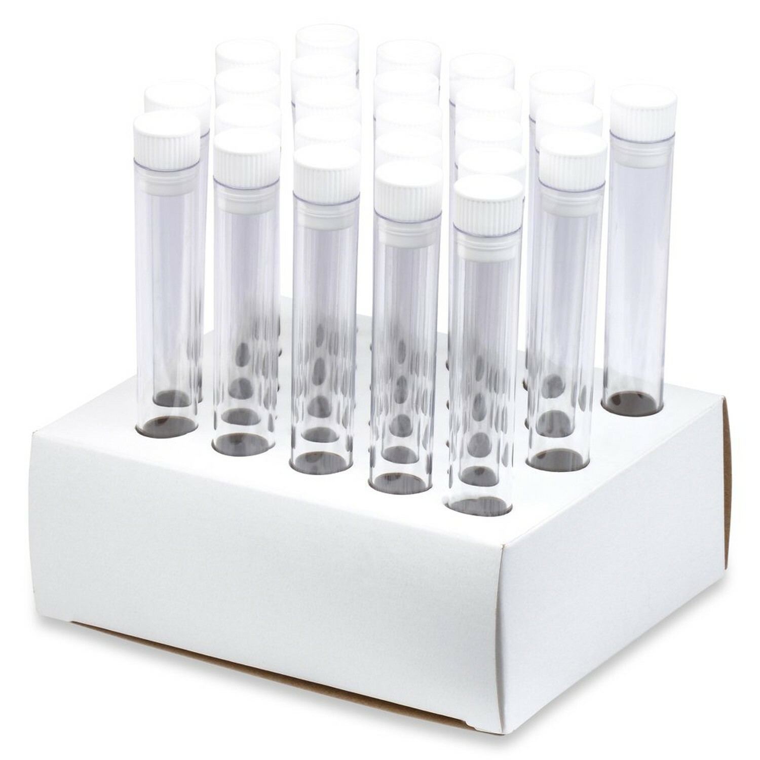 16x125mm PS Plastic Test Tubes, Hollow Top Caps, Cardboard Rack (Pack of 25)