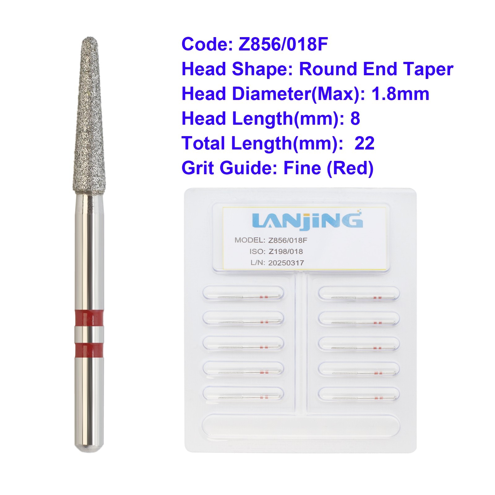 Zirconia Cutting Diamond Burs Round End Taper Z856/018F Friction Grip Fine Grit