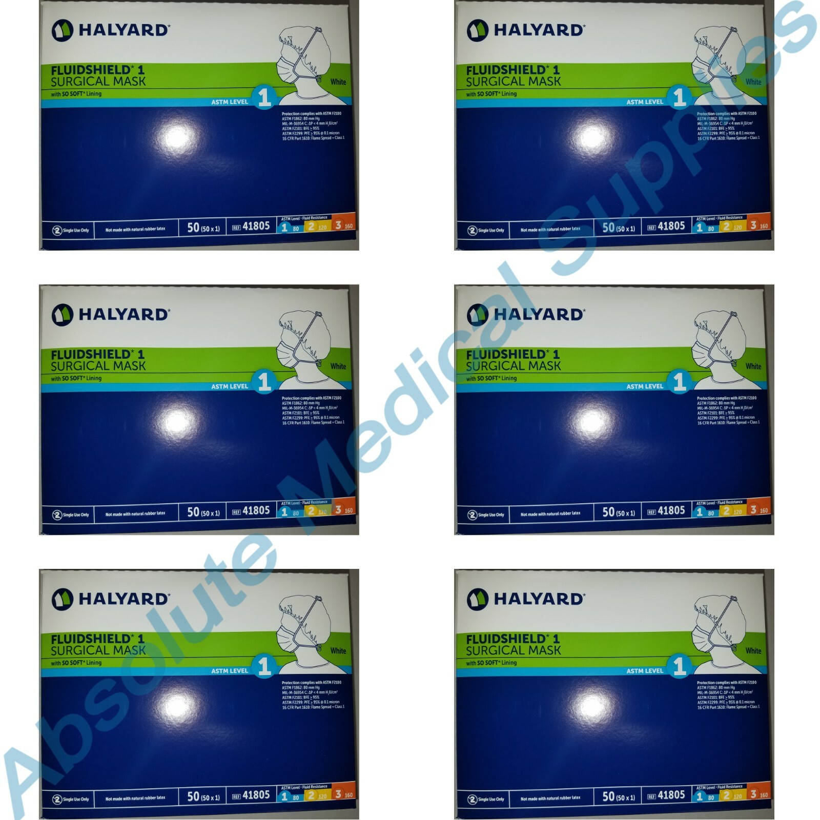 *300-Pieces* Halyard FluidShield ASTM Level 1 Surgical Face Mask White 41805
