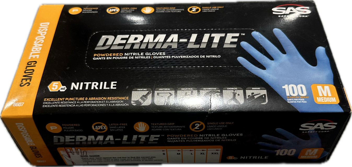 SAS Derma-Lite 6607 Disposable Gloves, Medium, Nitrile, Blue