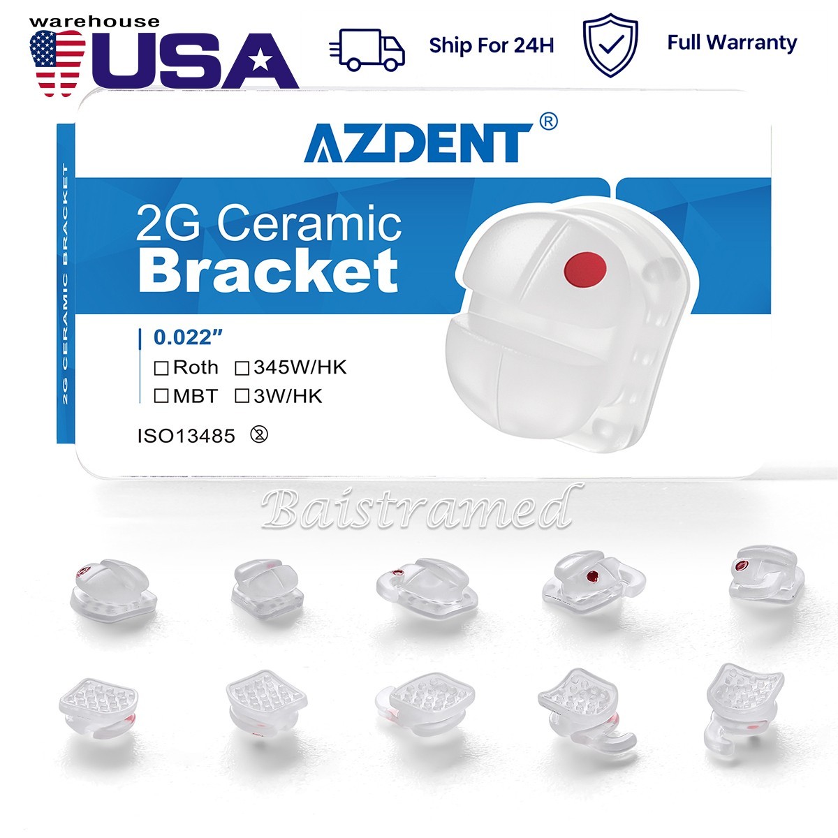 AZDENT Dental Orthodontic Ceramic Brackets Braces Roth/MBT 0.022 Hooks 345