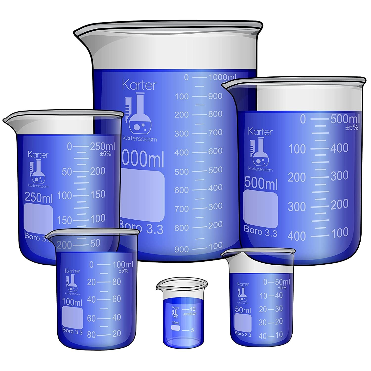 12 Boro Glass Low Form Beaker Sets, 6 Sizes – 10, 50, 100, 250, 500, and 1L