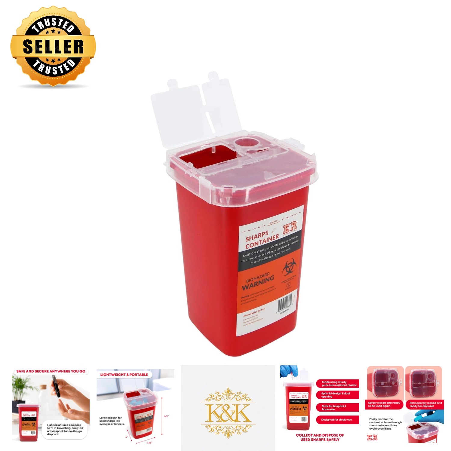 Compact Medical Waste Disposal Sharps Container with Locking Lid, 1 Quart Size