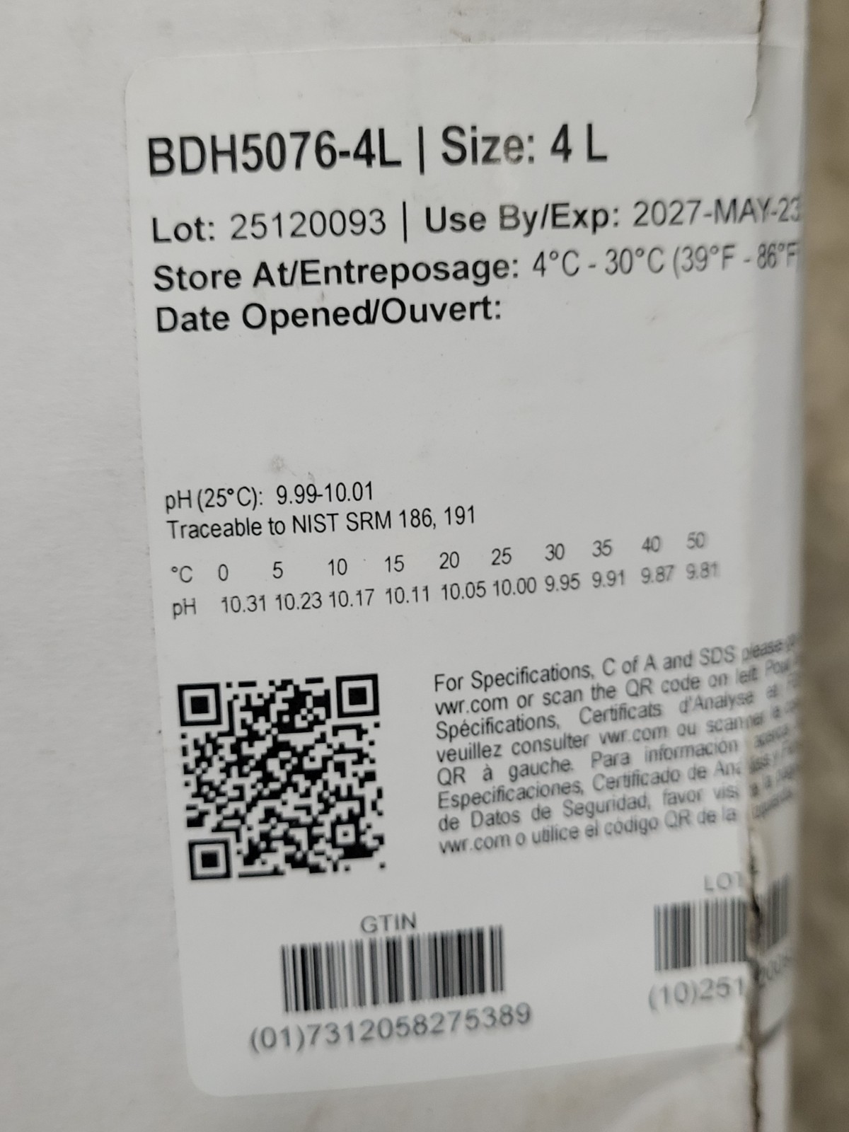 BDH Buffer Reference Standard 4L Bottle VWR Analytical BDH5076-4L