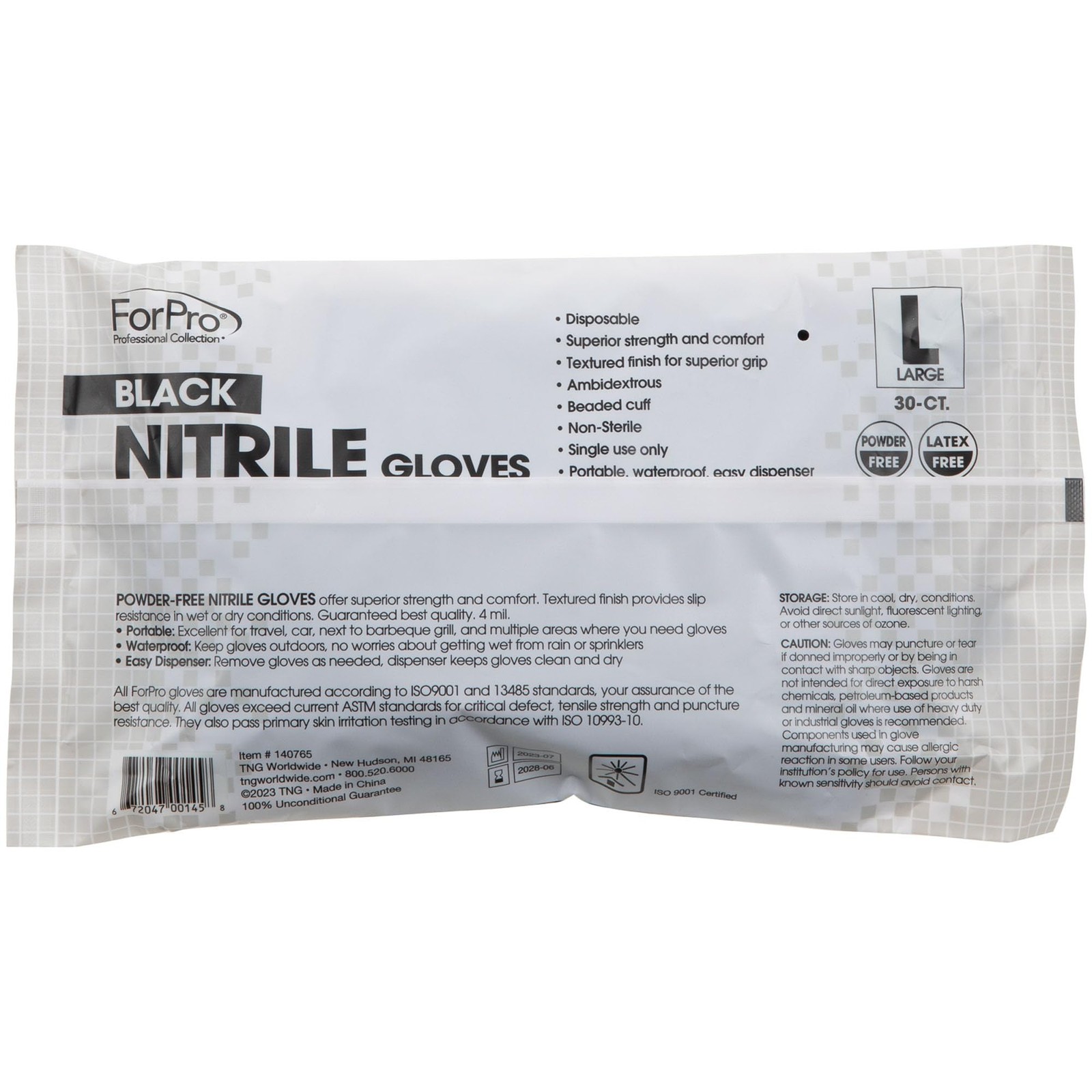 ForPro Black Nitrile Gloves, Chemical~Resistant, Powder~Free, Large, 30 Count