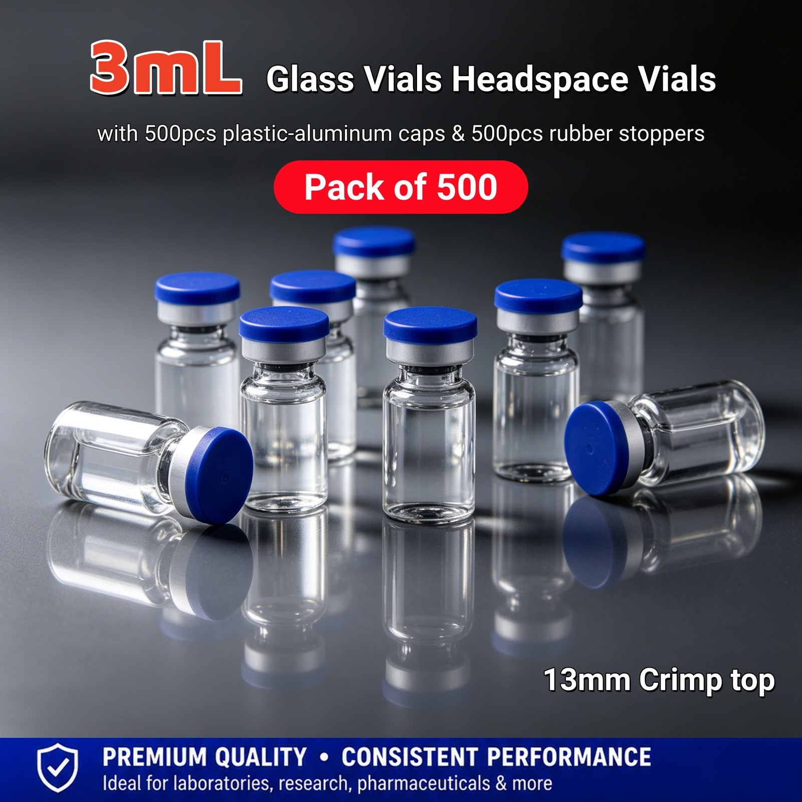500PCS 3ml Glass Vials Headspace Vials Clear Lab Vials w/ Caps 13mm Crimp Top