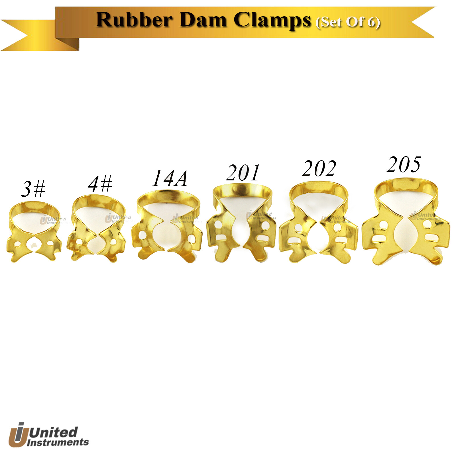 6Pcs Dental Winged Rubber Dam Clamps Large Upper Molars Lower Molar Gold Coated