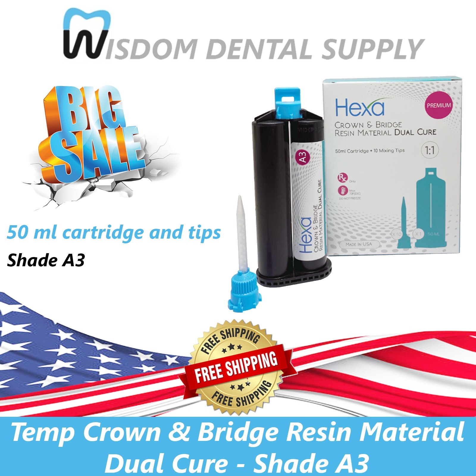Temp Crown & Bridge Material 1:1 Ratio 50 ml Cartridge & Tips, A3 – Exp. 2024-12
