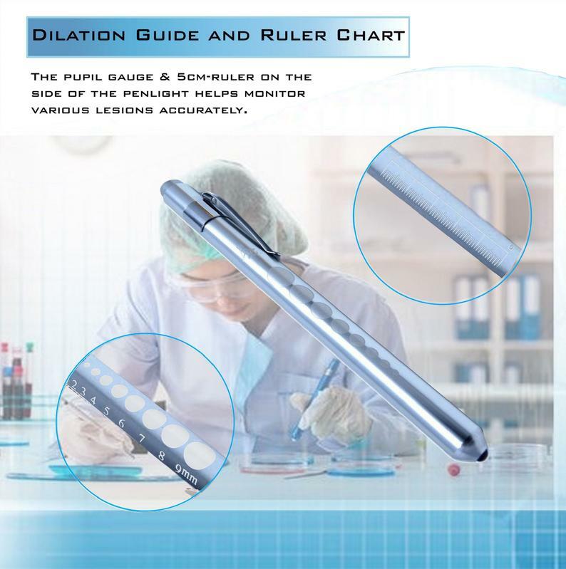 SILVER Reusable NURSE Aluminum Penlight Pocket Medical LED with Pupil Gauge