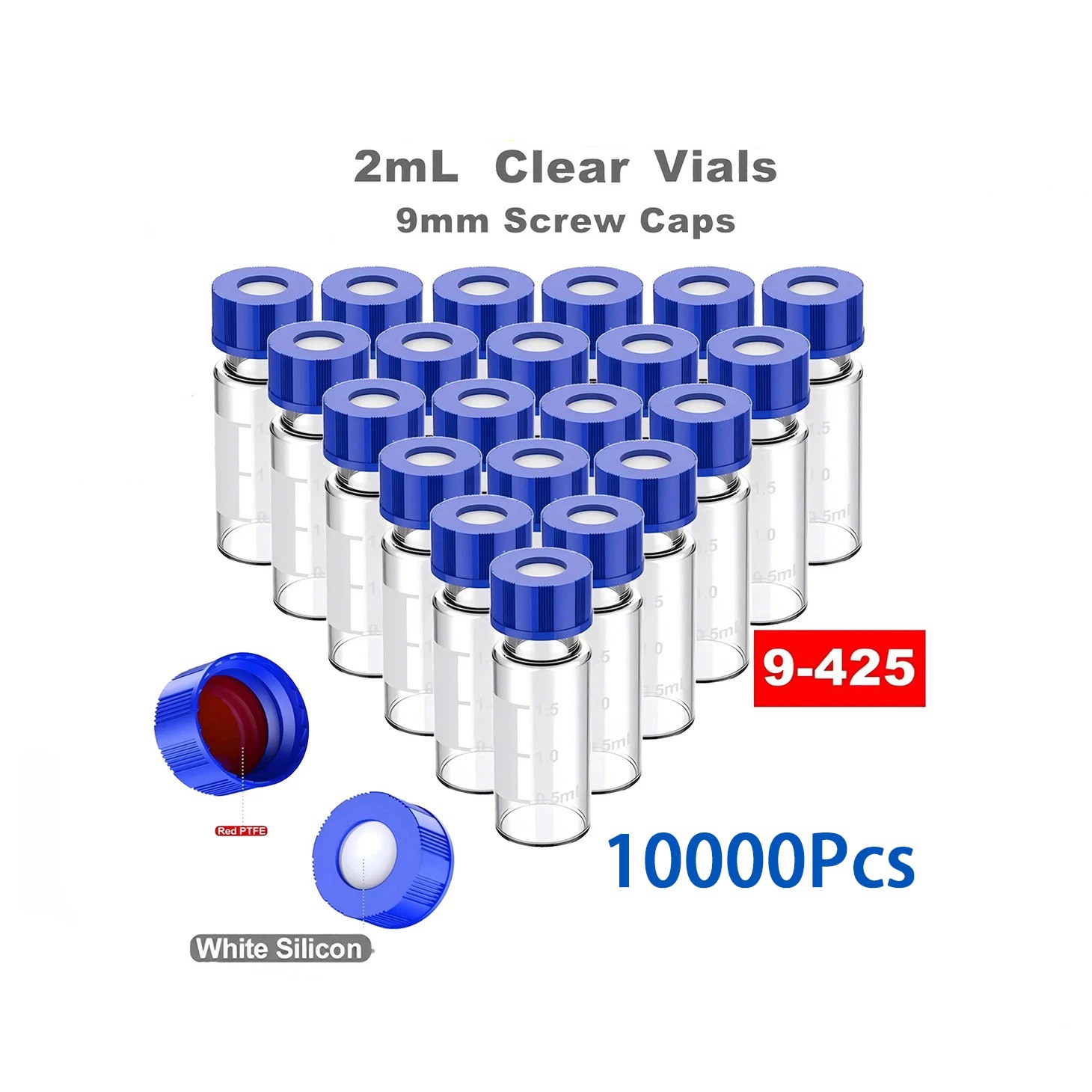 2ml 10000 Pcs Autosampler Vials Transparent Sample Bottle with Blue Screw Caps