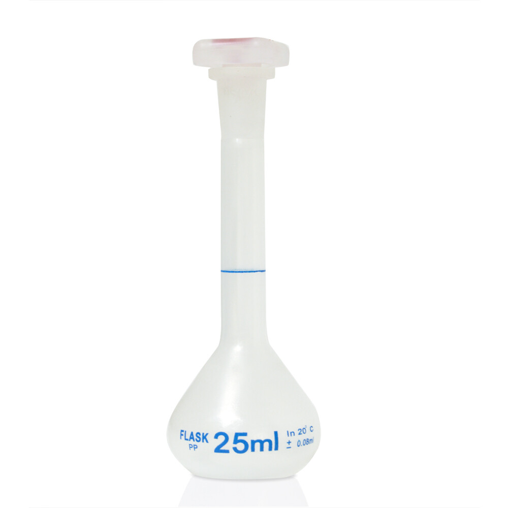 Plastic Volumetric Flask with Plug Cap, 25ml, Polypropylene, Class B (Case 48)