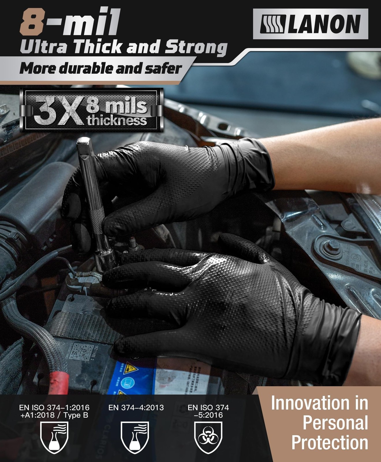 LANON Black Nitrile Disposable Gloves, EN ISO 374 Chemical Resistant, Heavy-D…