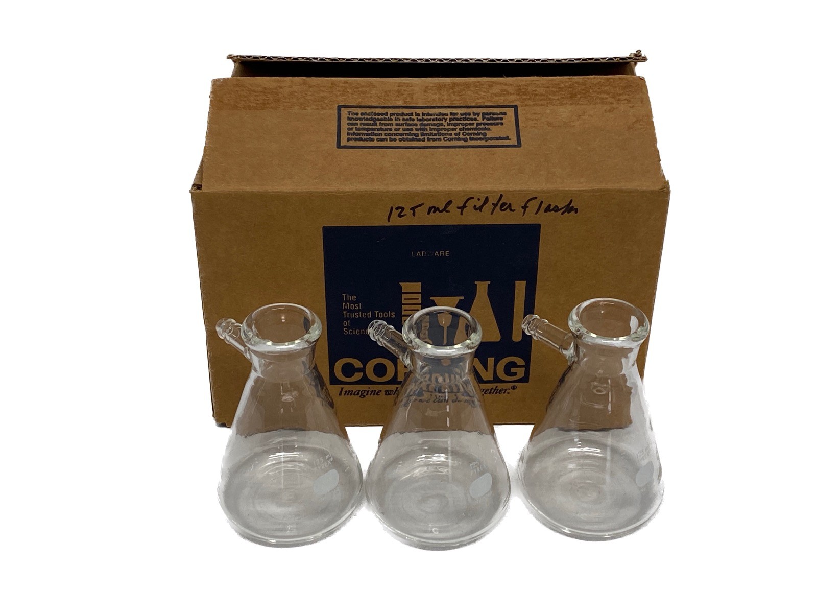 New (3) CORNING PYREX 125mL Glass Erlenmeyer Micro Filtering Flasks 5360-125