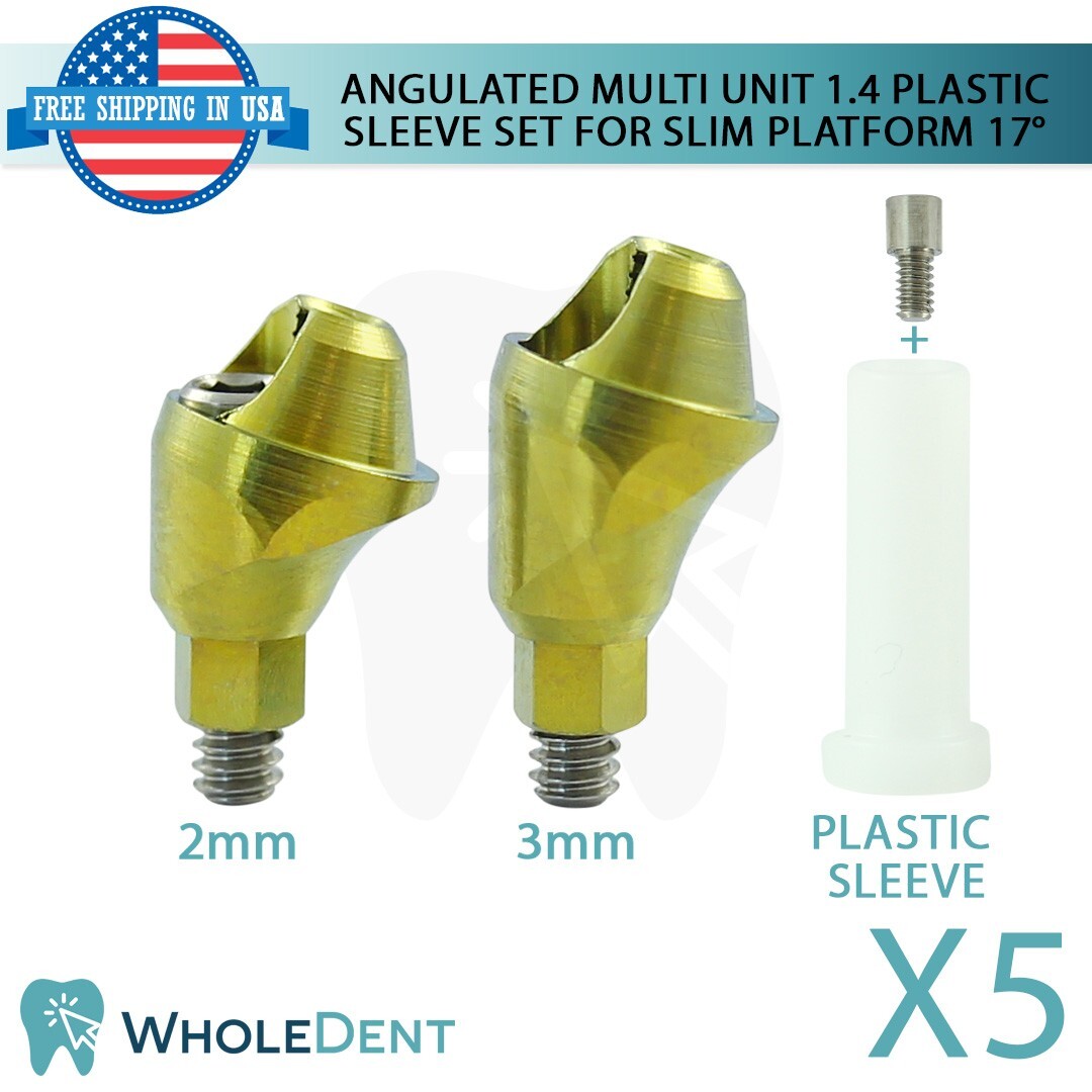 5x Angulated 17° Slim Multi Unit 1.4 Prosthetic Plastic Sleeve Set Int Hex 2mm