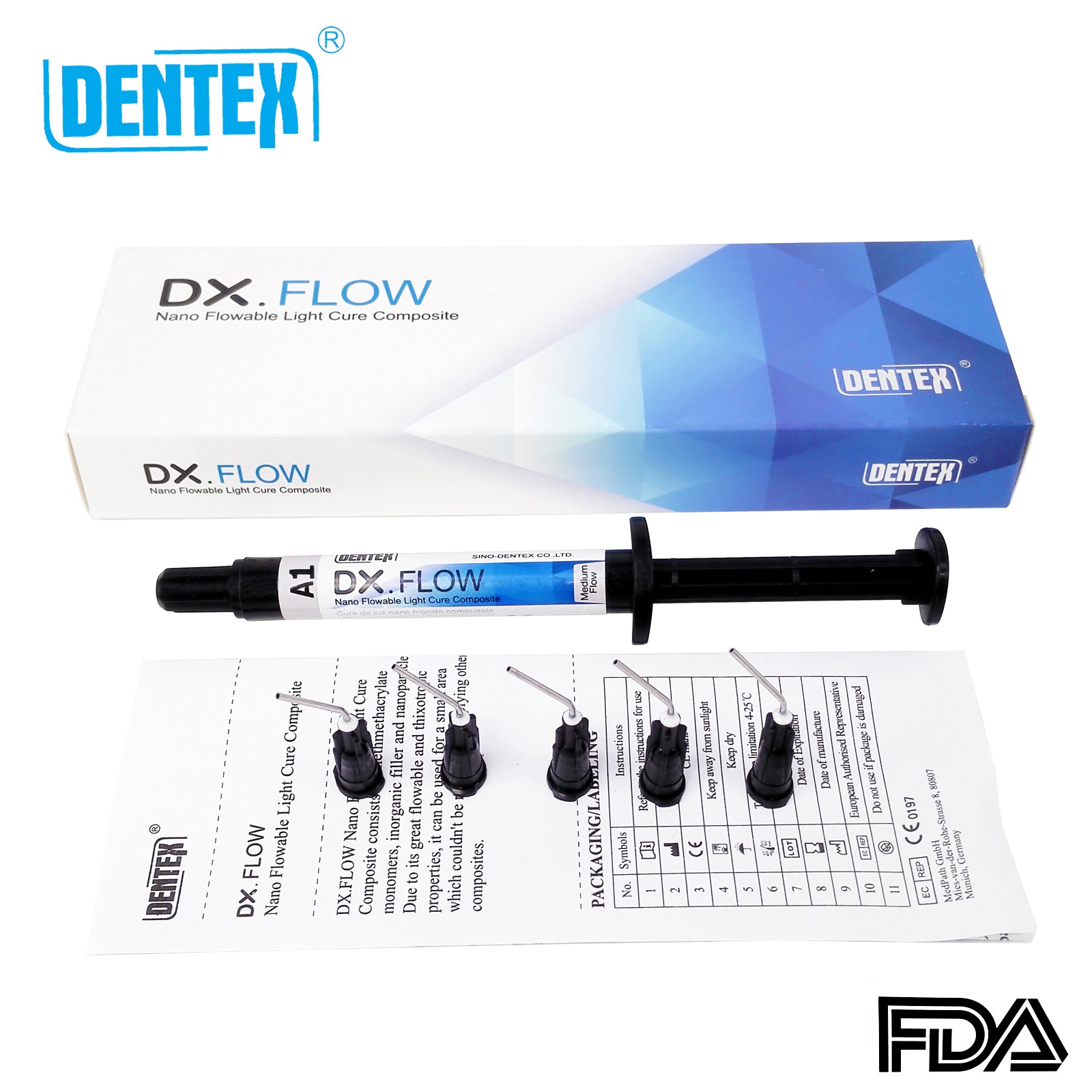 DX.FLOW Dental Light Cure Flowable Composite Resin Shade A1 Medium Flow 3g/Pc