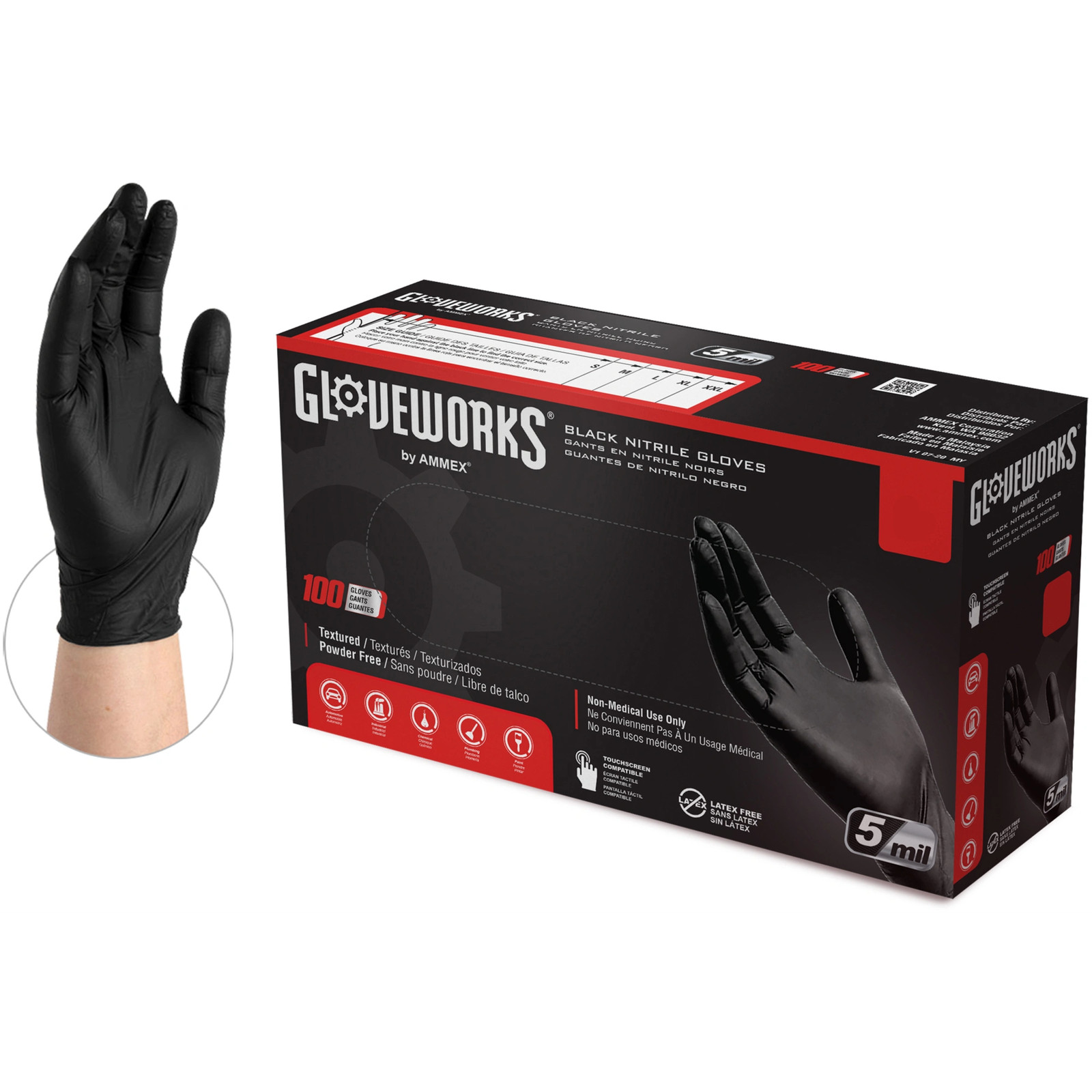Gloveworks Nitrile Disposable Gloves, Medium, Black, Box Of 100