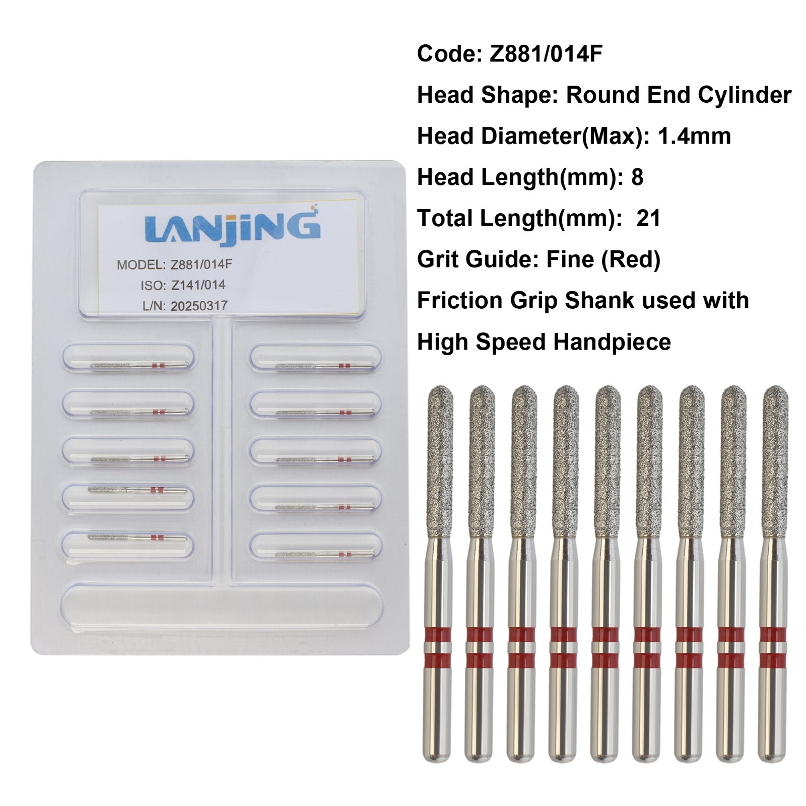 Dental Diamond Bur Z881/014F Zirconia Round End Cylinder Fine Grit FG High Speed