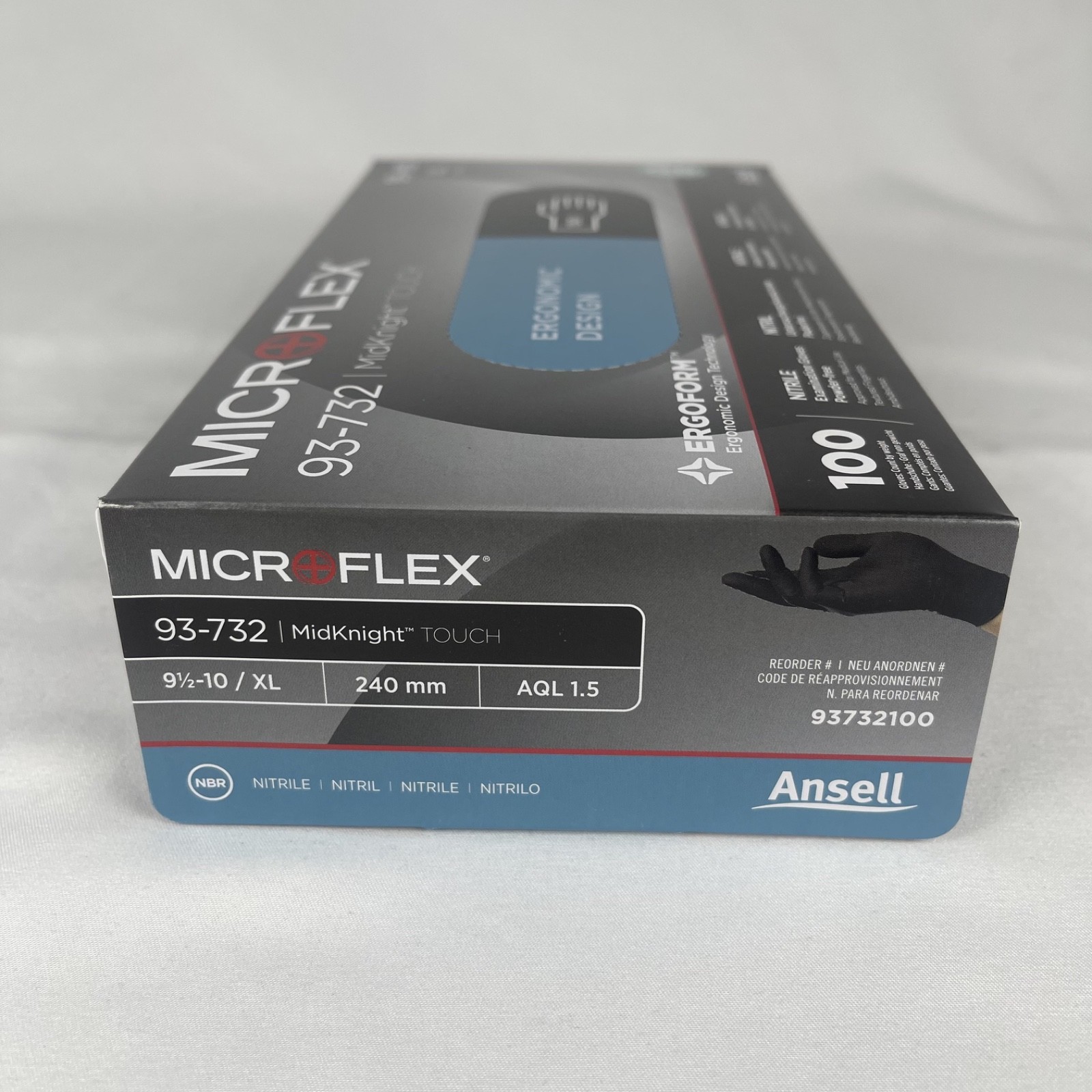 Microflex MidKnight Touch Ergonomic Design 100 Black Gloves 9.5-10 XL 93-732