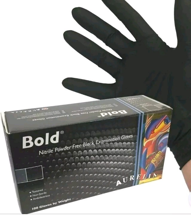 Aurelia Bold Strong Black Nitrile Powder Free Exam Mechanic Tattooist Gloves Med