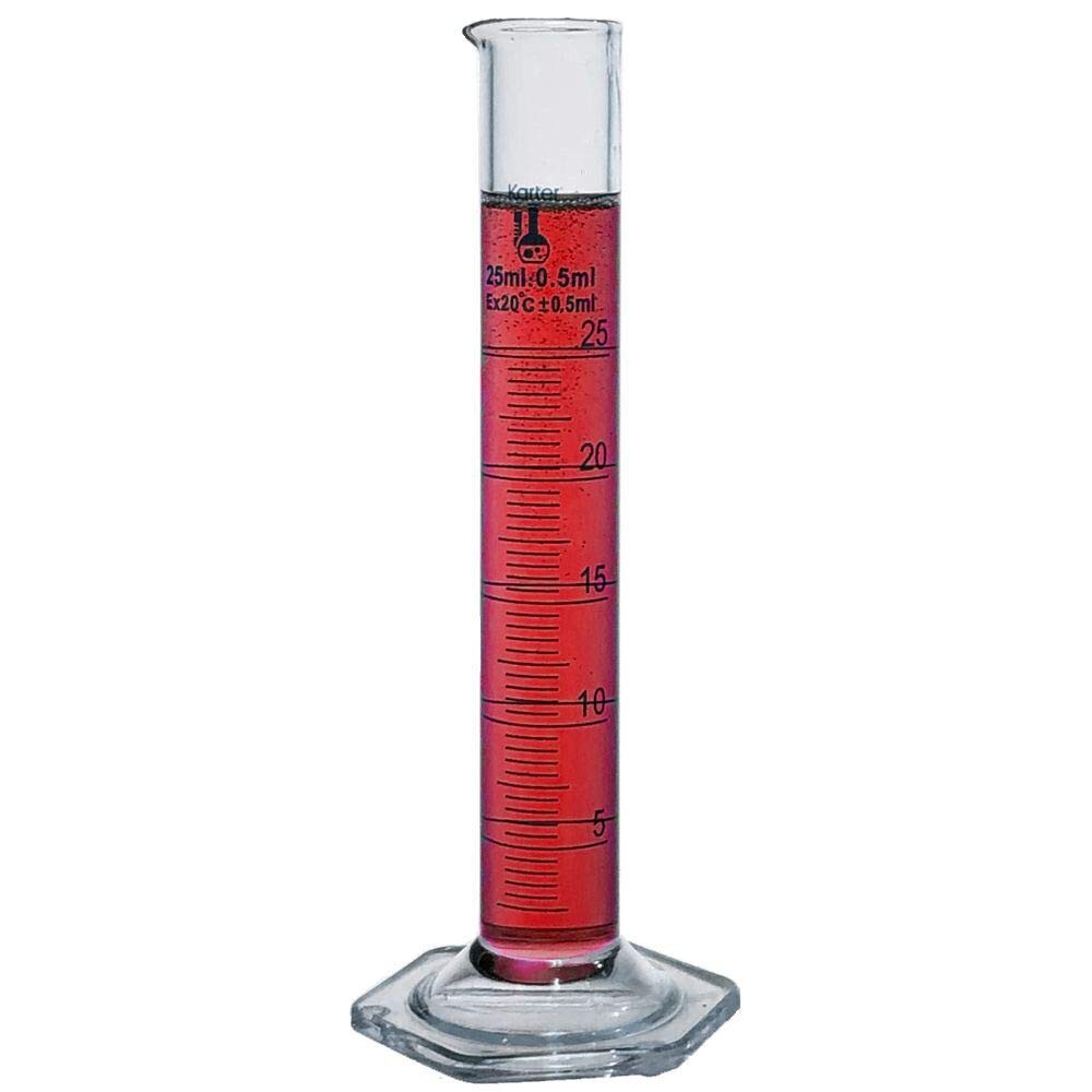 25ml Graduated Cylinder Boro 3.3 Glass Single Metric Scale Class B, (Single)