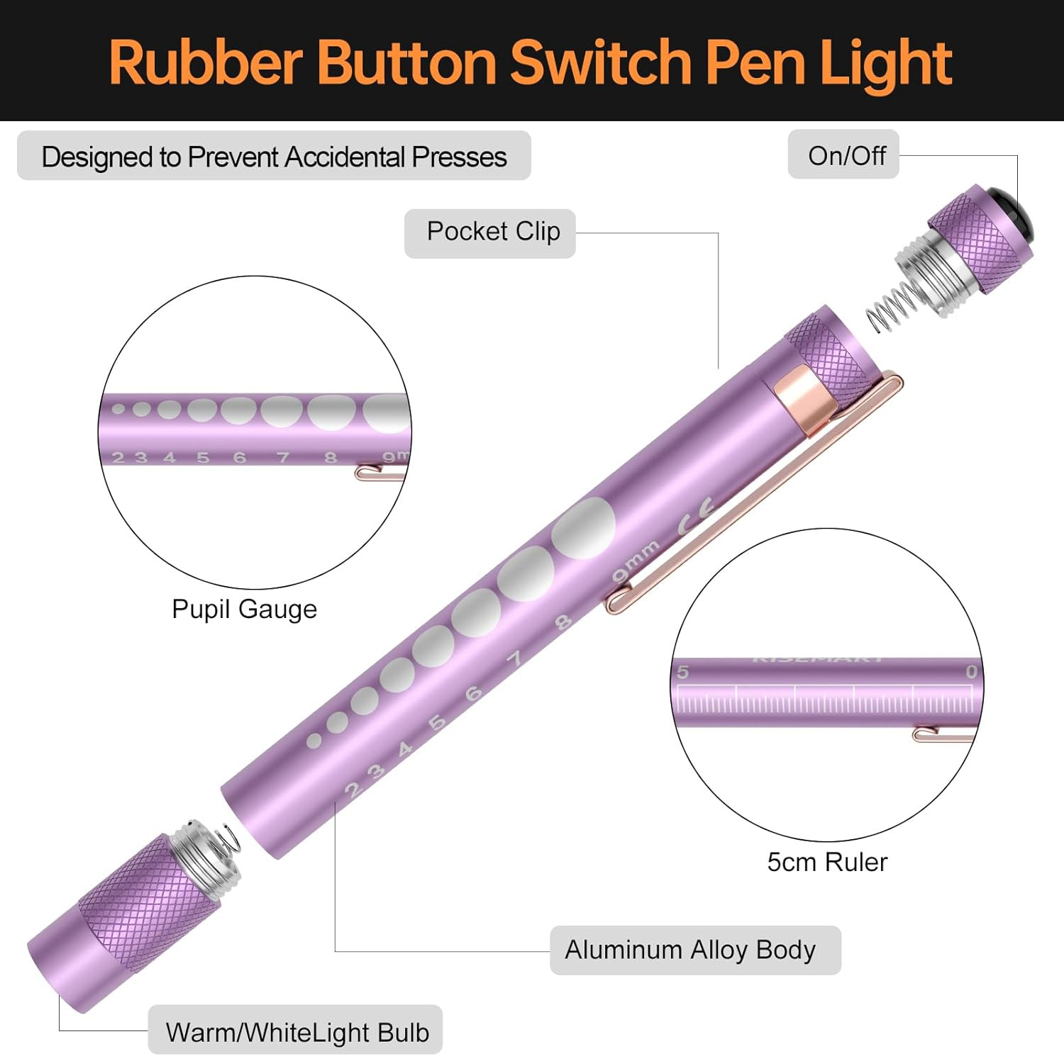 2-Pack Pen Light for Nurses – Medical Penlight with One-Button Switch, White & W