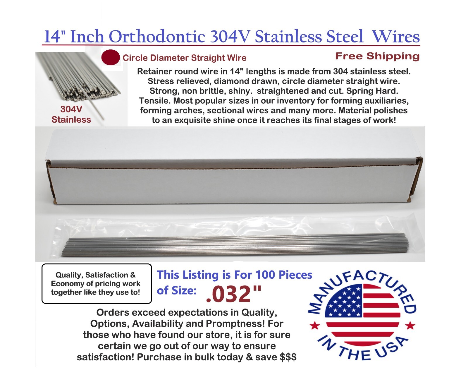 Orthodontic Stainless Steel Straight Lengths .032″ Wire SS 14» Lengths 100 Pack