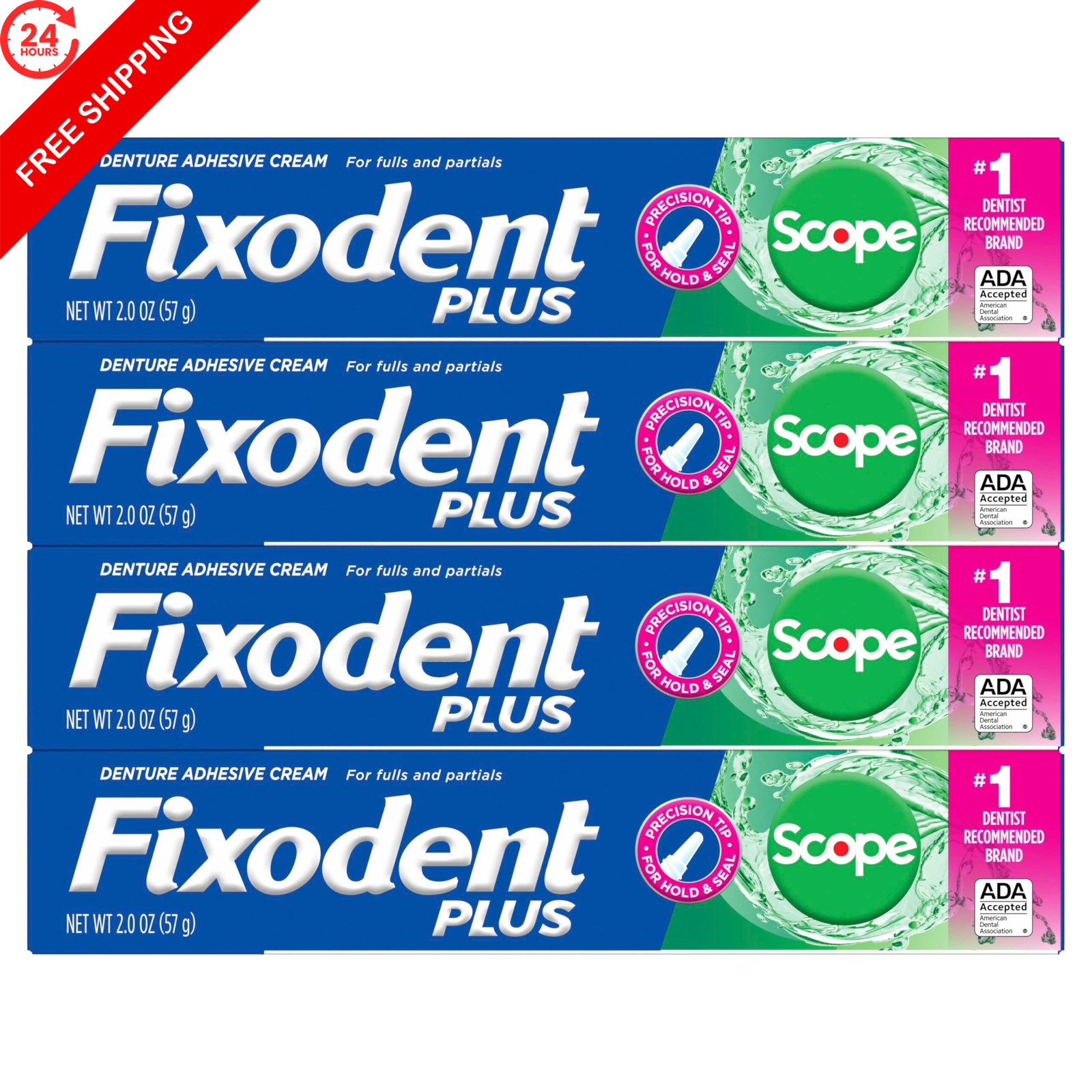 Fixodent Plus Scope Denture Adhesive Cream, 2 Ounce (Pack of 4), blue & green