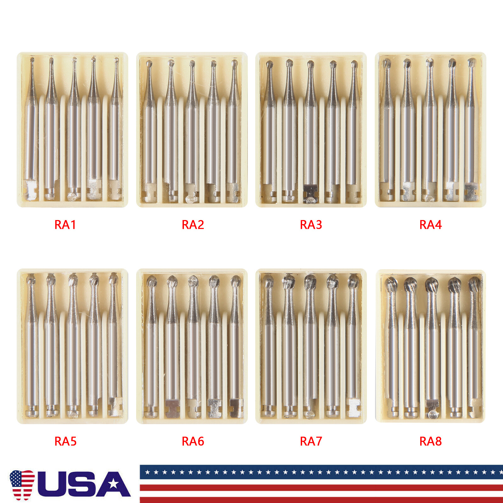 Dental Round Carbide Bur for Slow Speed Latch Type Handpiece RA 1# – 8# Burs 5pc