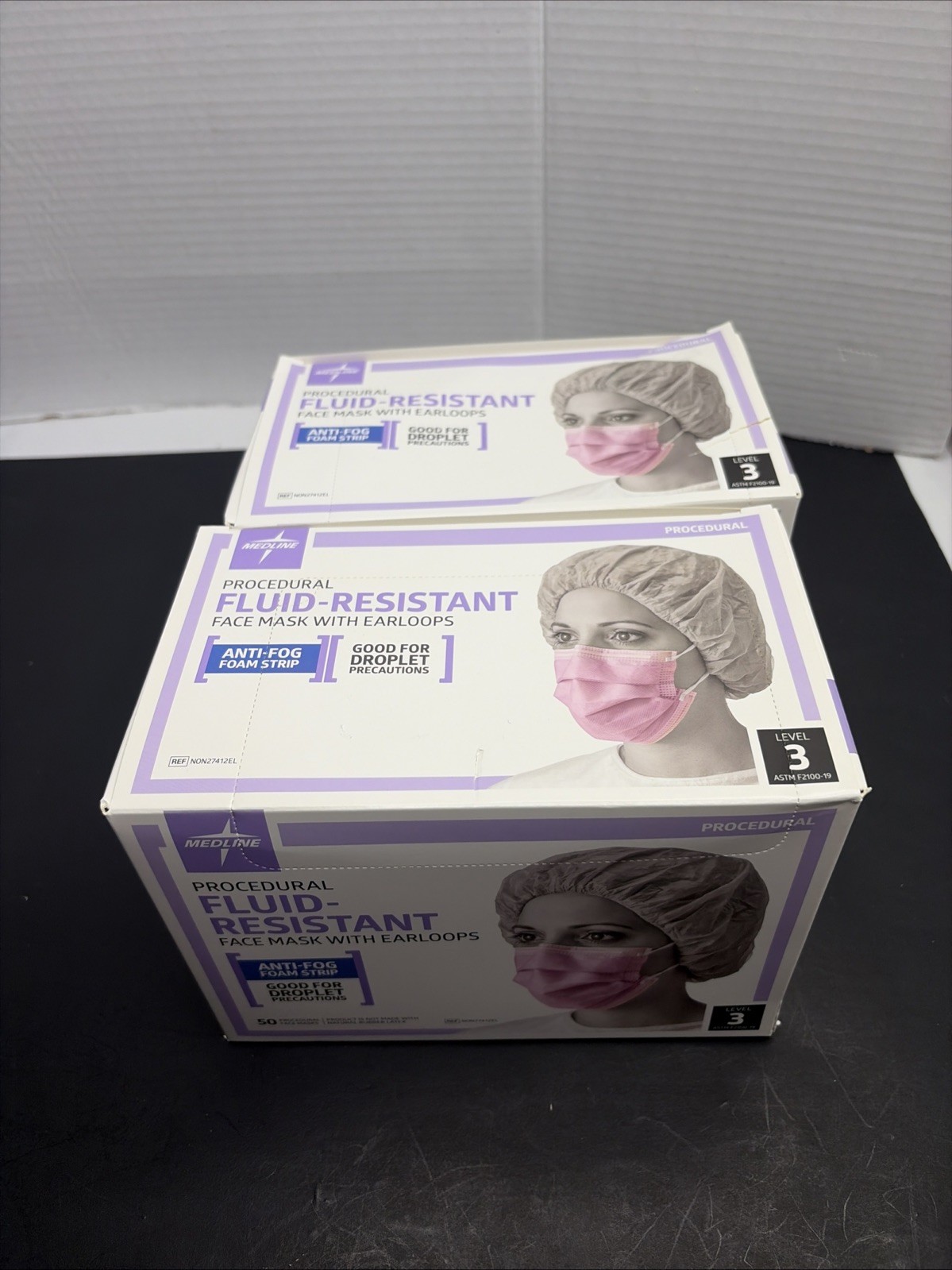 2 pack Medline Procedural ASTM Level 3 Procedure Face Mask, Ear Loops, Box of 50