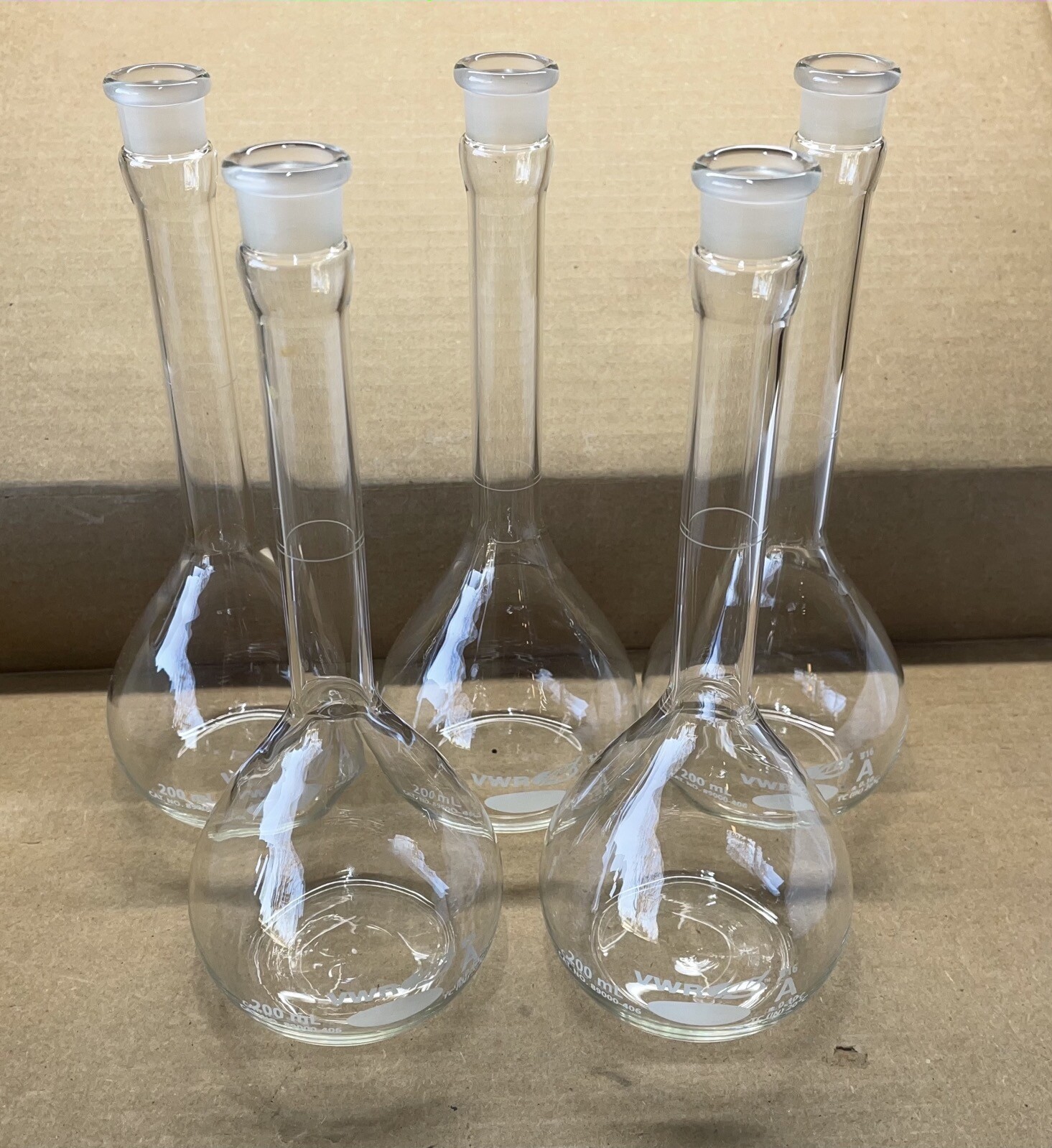 5x 200 mL Volumetric Flask, VWR 89000-406, Type A, TC @ 20˚C