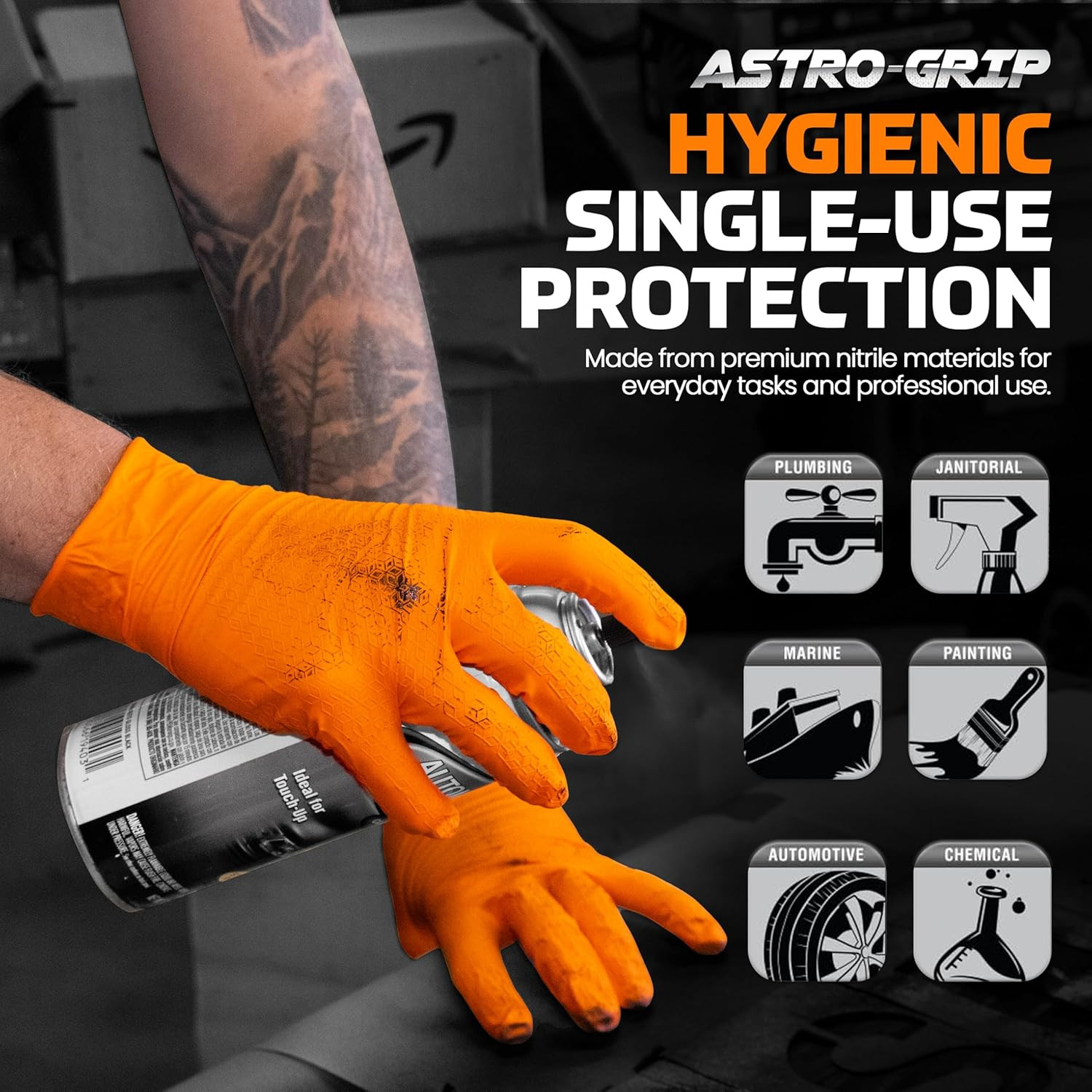 Astro-Grip Powder-Free Exam Grade Nitrile Disposable Gloves. Size Large, Orange,