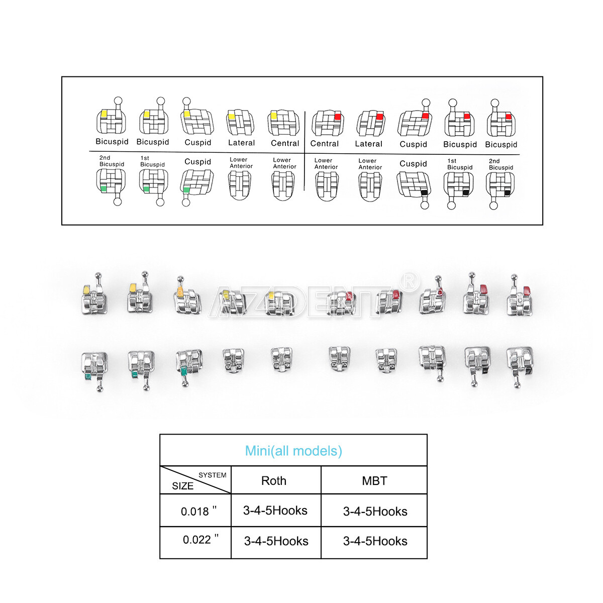 AZDENT Dental Ortho MIM Monoblock Brackets Braces Mini Roth MBT 018 022 Hook 345