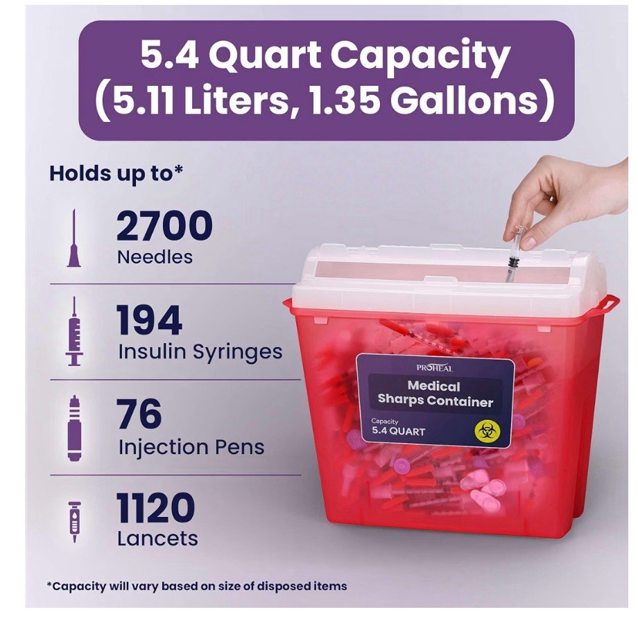 ProHeal Sharps Container 5.4 Quart Needle Disposal Biohazard Waste Bin 2 Pack