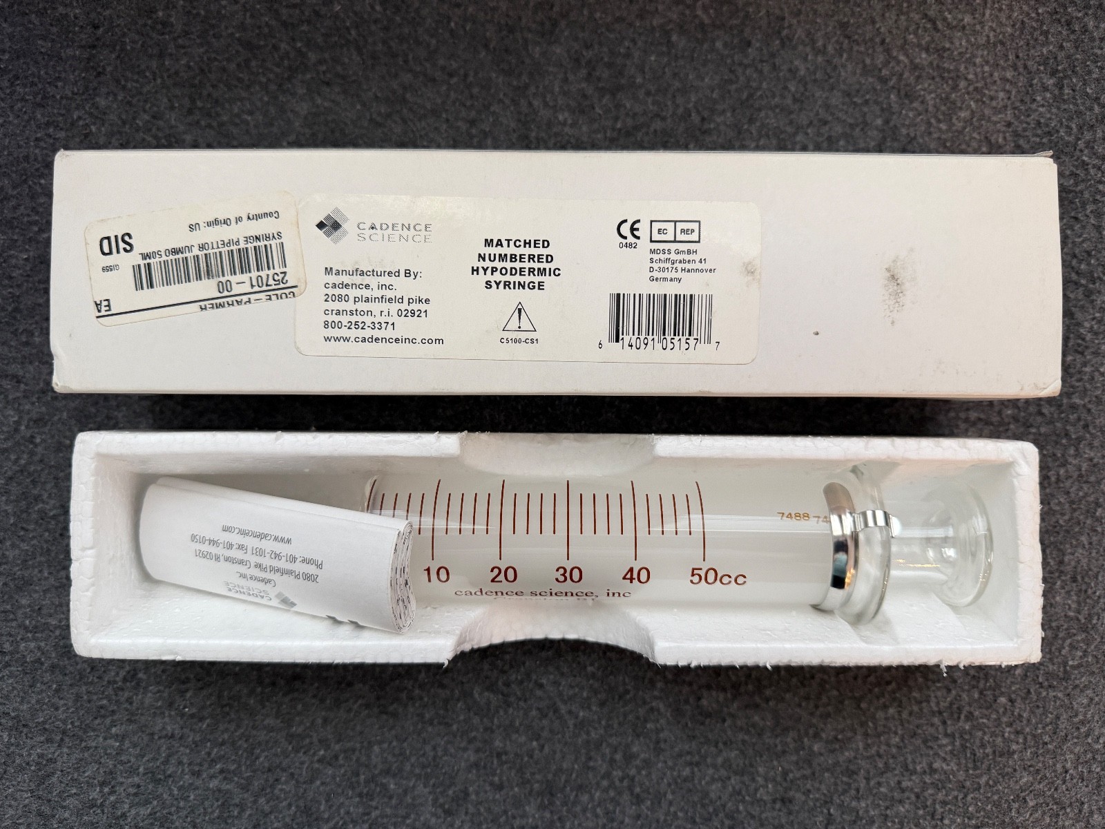 Cadence Science 0482 Jumbo Pipettor 50 cc Glass Hypodermic Syringe Lock Tip 7488