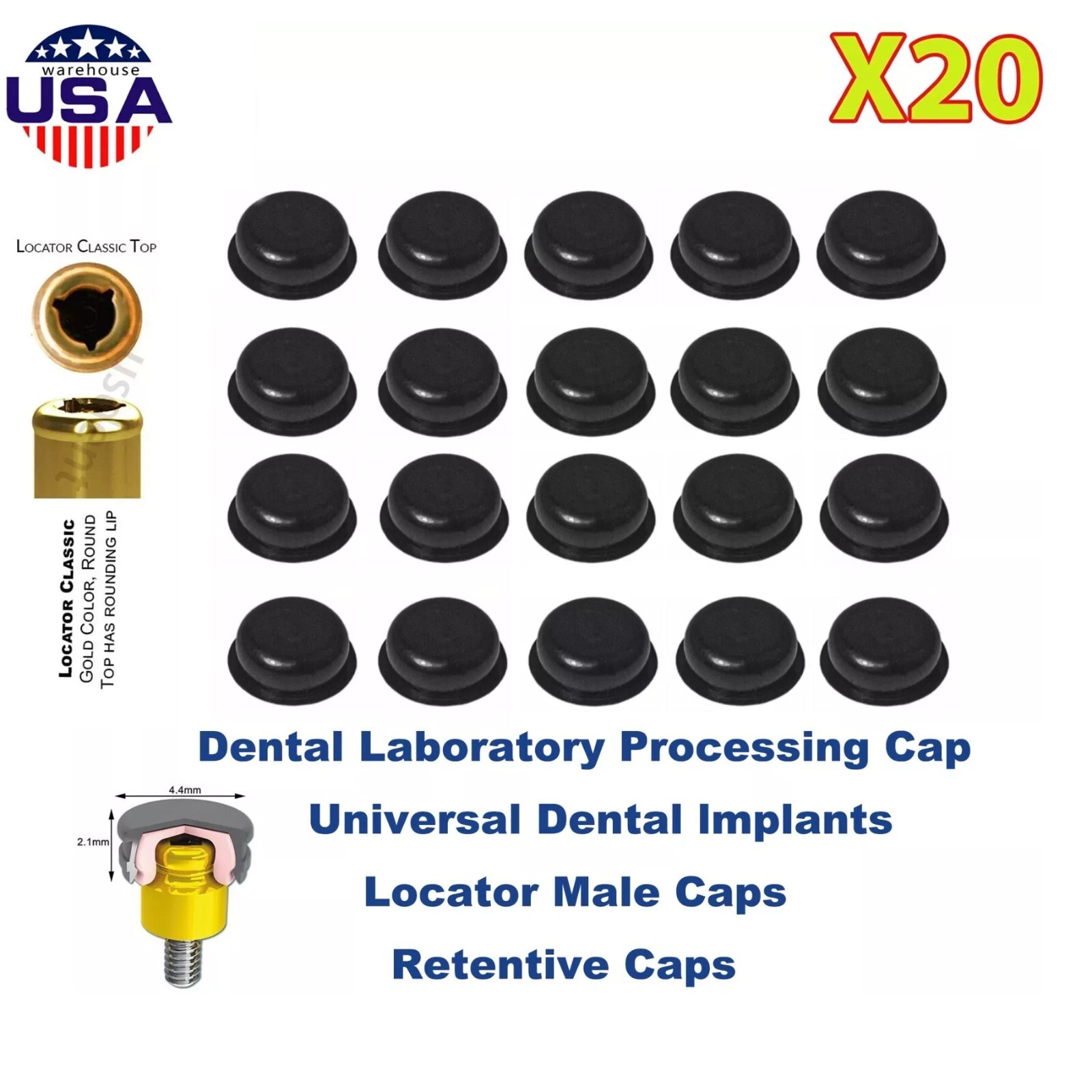 US Dental Retention Caps Lab Cap for Overdenture Locator male processing Inserts