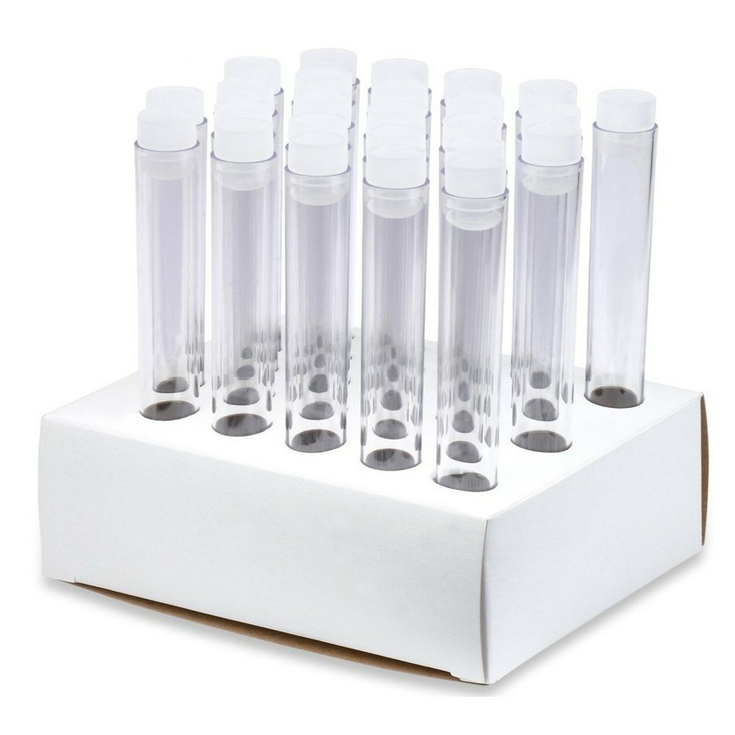 16x125mm PS Plastic Test Tubes, Flange Caps, Cardboard Rack (Pack of 25)