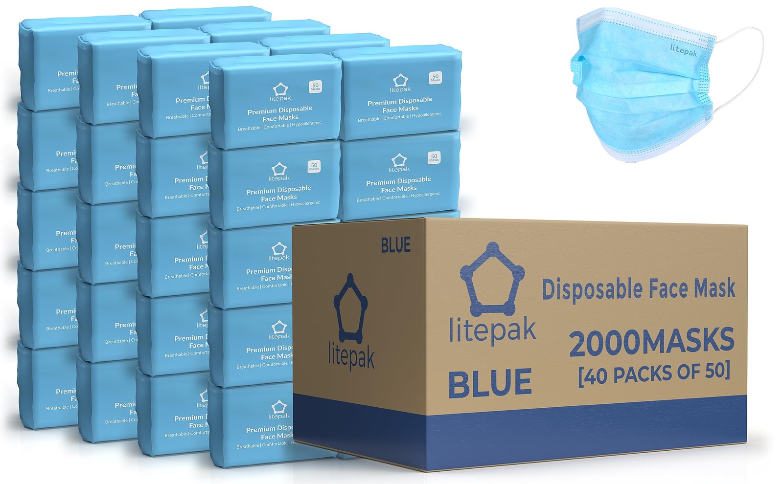 2,000pcs Disposable Face Masks- 3 Ply Breathable For Adults – Blue (40 Packs …
