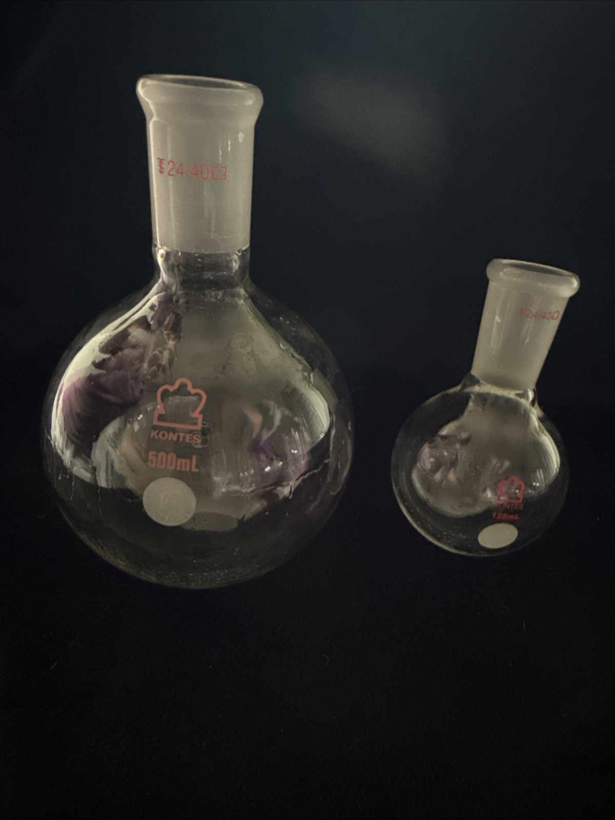 Set Of Glass Kontes Round Bottom Flasks 500mL And 125mL