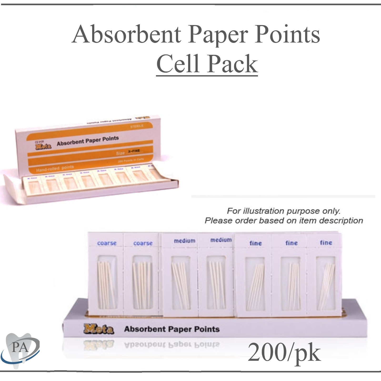 Dental Absorbent Paper Points CELL PACK Paper Points, CHOOSE SIZE, Meta 200/pk.