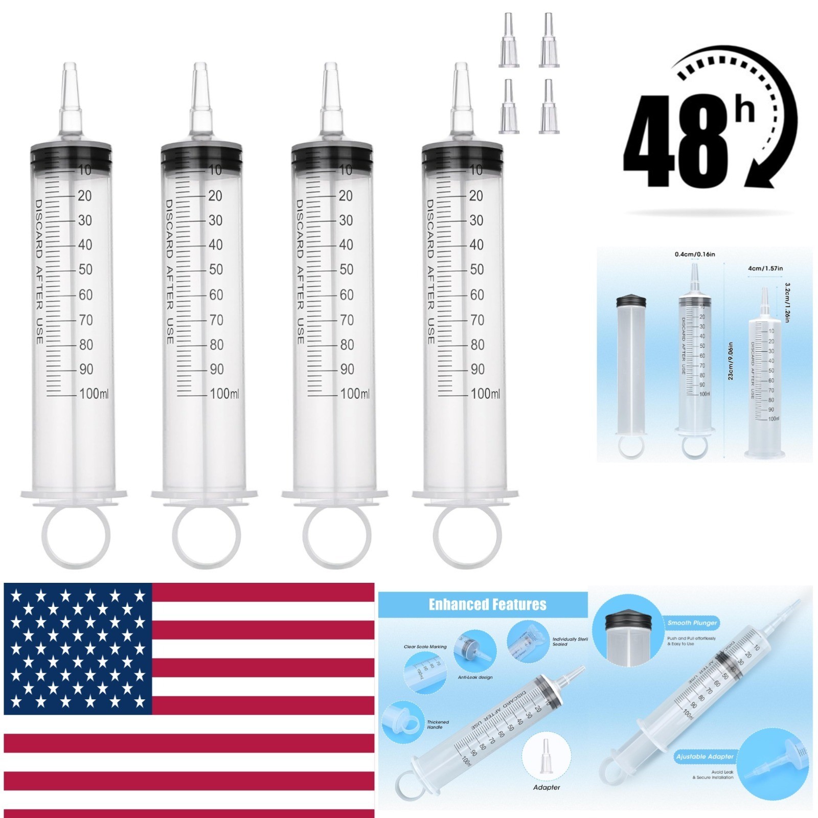 4 Pack 100mL Syringes with Tip Adapter for Liquid Dispensing
