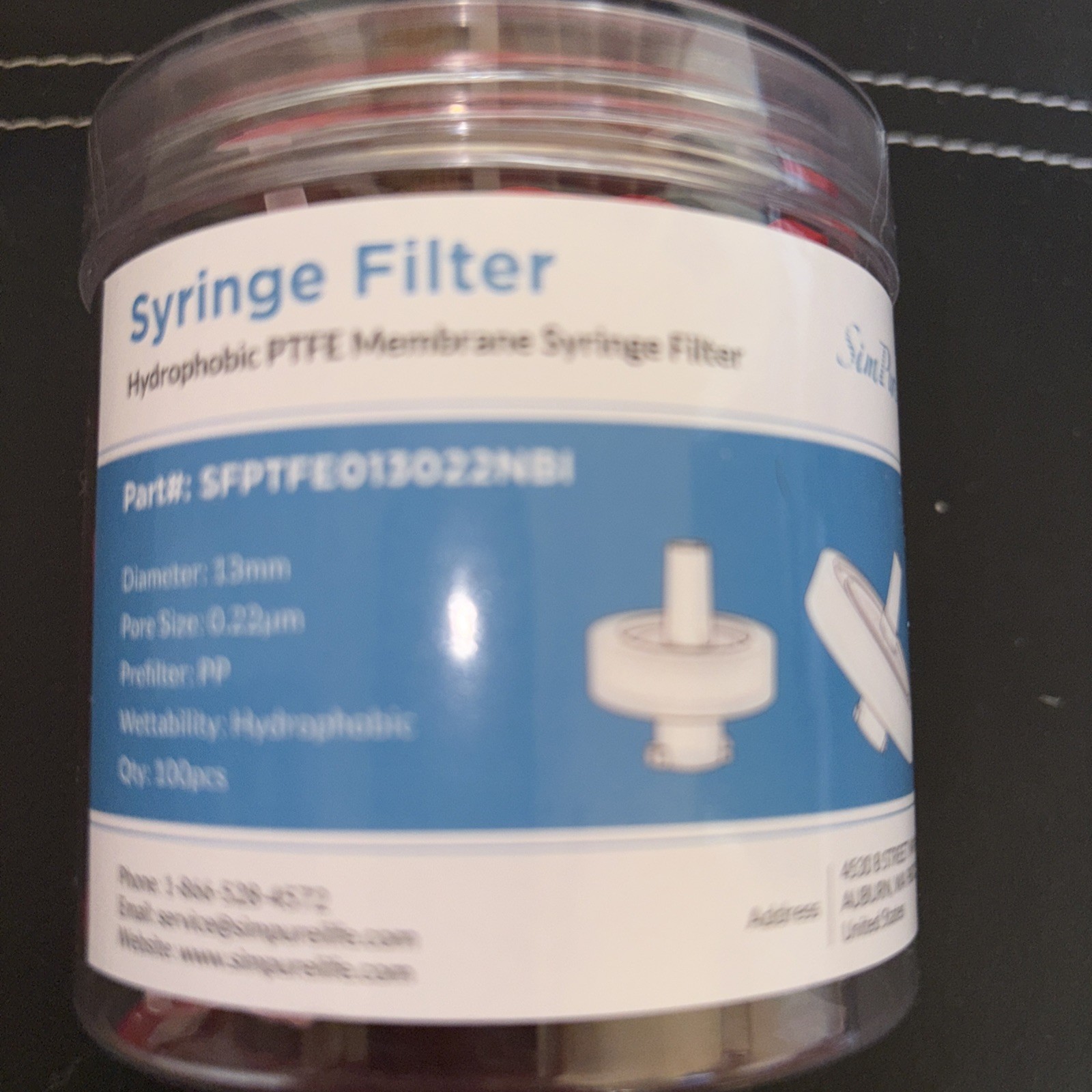 100Pcs PTFE Membrane Syringe Filters 0.22μm 13mm Hydrophobic Luer Lock Red Disc
