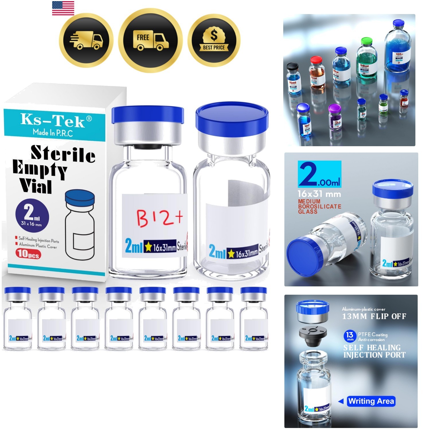 Ks-Tek Sterile Empty Vials with Self Healing Injection Port,with Aluminum Pla…